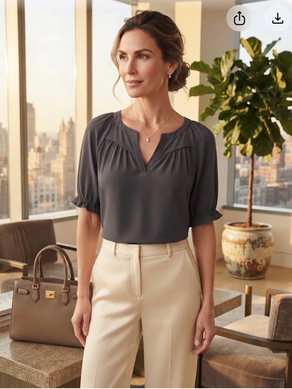 LOFT Charcoal Split V-Neck Short Sleeve Blouse